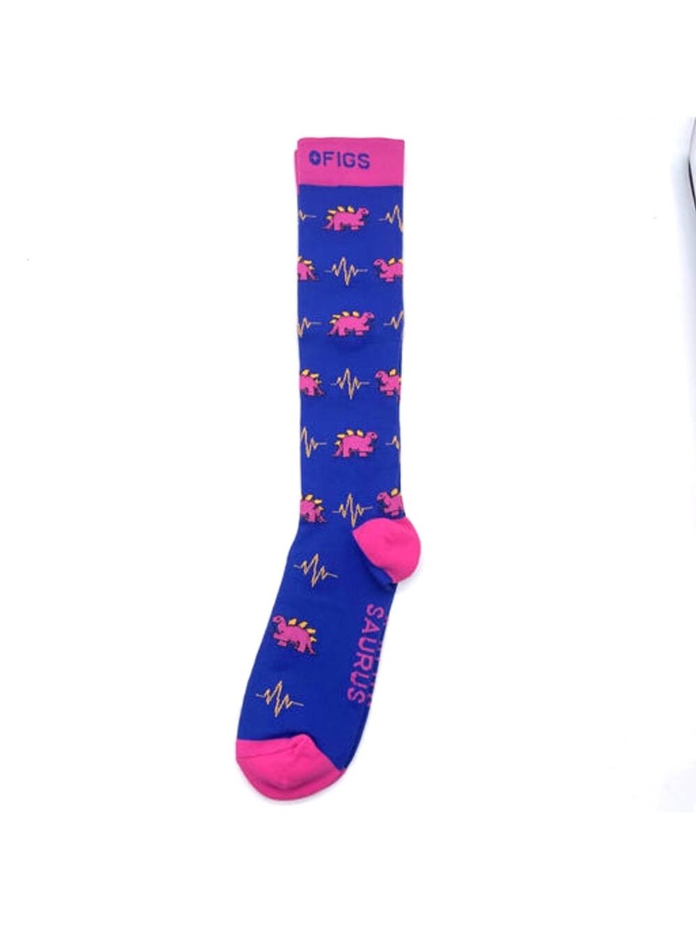 1 Pair FIGS Compression 'Dino' Blue & Pink Socks Size Large